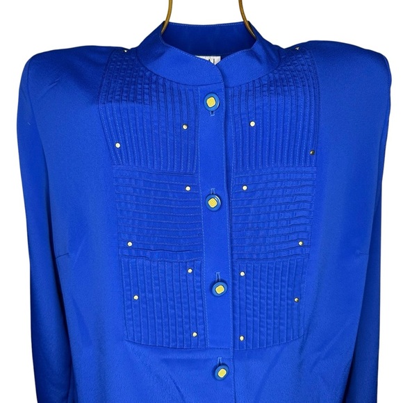 Vintage Regal Royal Blue Button Up Sheer Blouse - Gold Accents / Buttons - Sz L - Picture 5 of 9